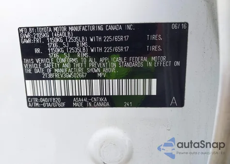 2016 Toyota Rav4 Le z USA, uszkodzony, nr VIN 2T3BFREV3GW502667